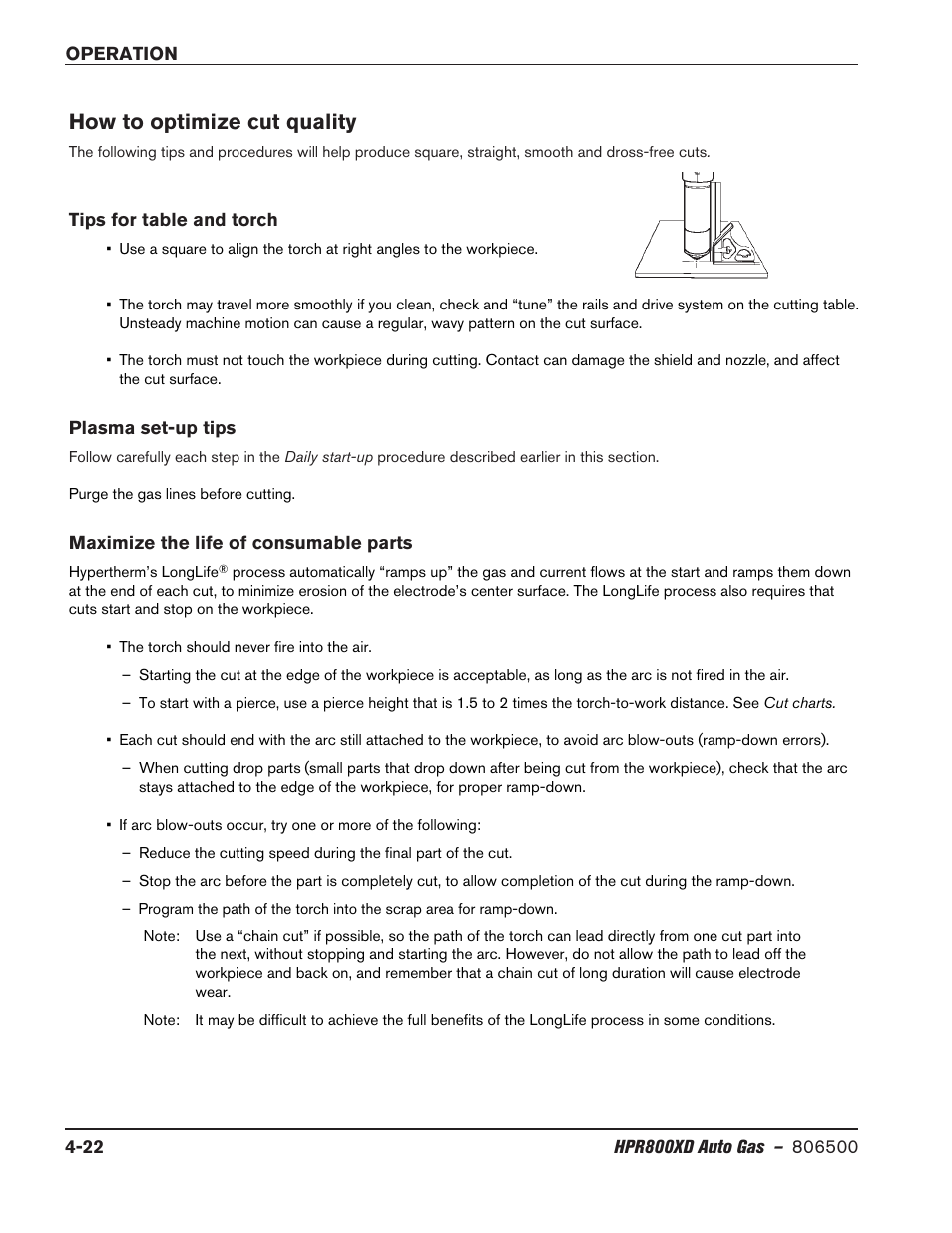 How to optimize cut quality, Tips for table and torch, Plasma set-up tips | Maximize the life of consumable parts, How to optimize cut quality -22 | Hypertherm HPR800XD Auto Gas Rev.2 User Manual | Page 128 / 368