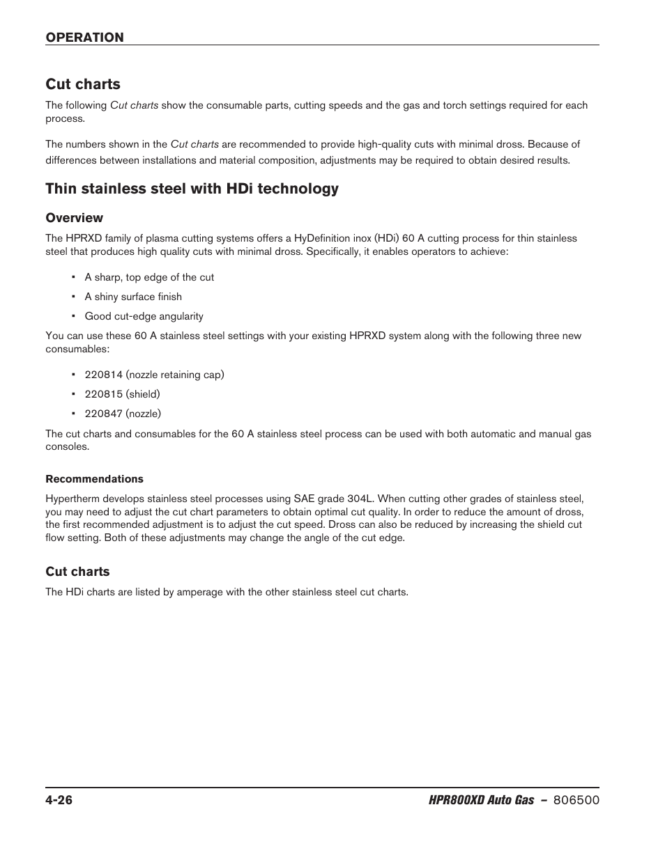 Cut charts, Thin stainless steel with hdi technology, Overview | Overview -26 | Hypertherm HPR800XD Auto Gas Rev.2 User Manual | Page 132 / 368