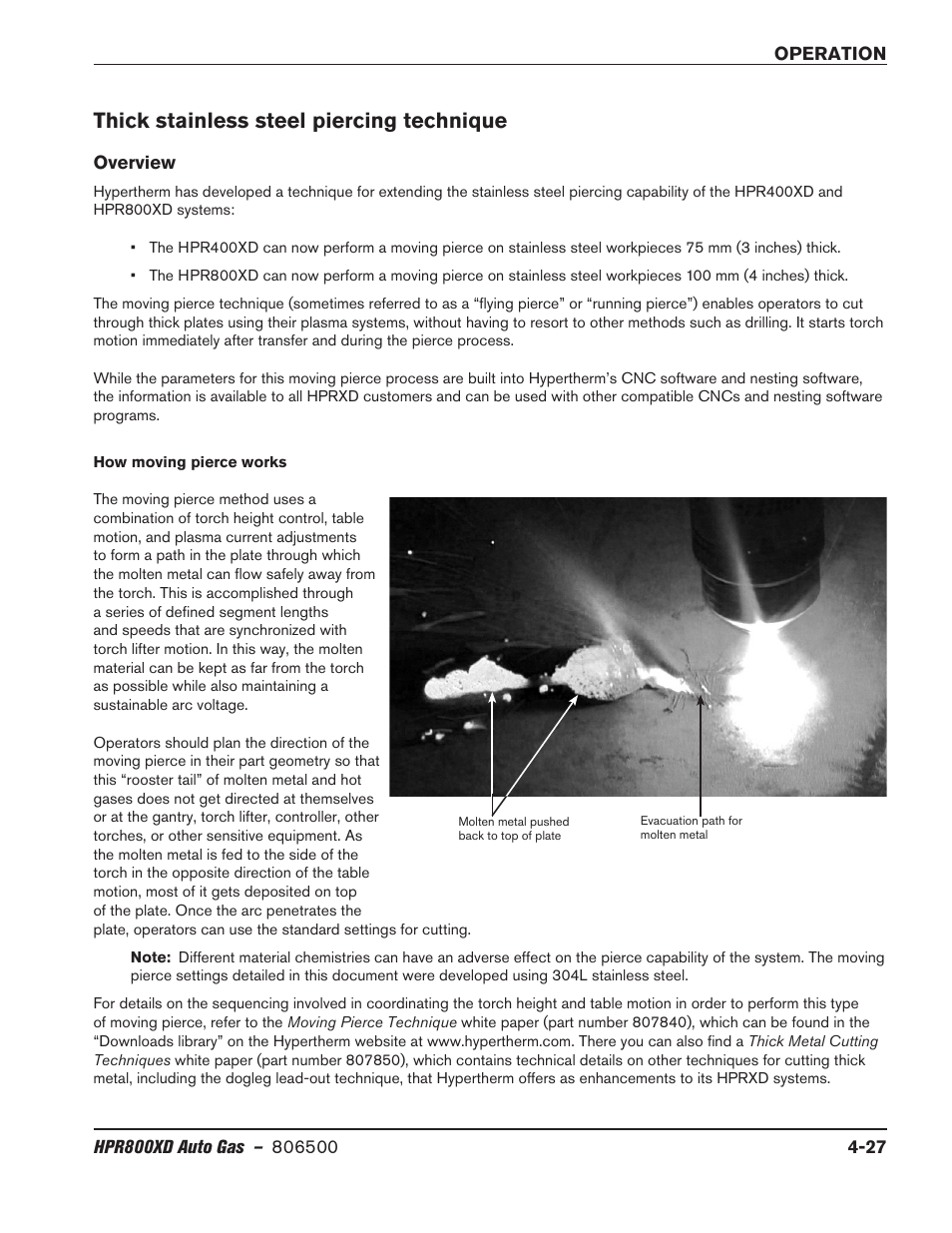 Thick stainless steel piercing technique, Overview, Thick stainless steel piercing technique -27 | Overview -27 | Hypertherm HPR800XD Auto Gas Rev.2 User Manual | Page 133 / 368