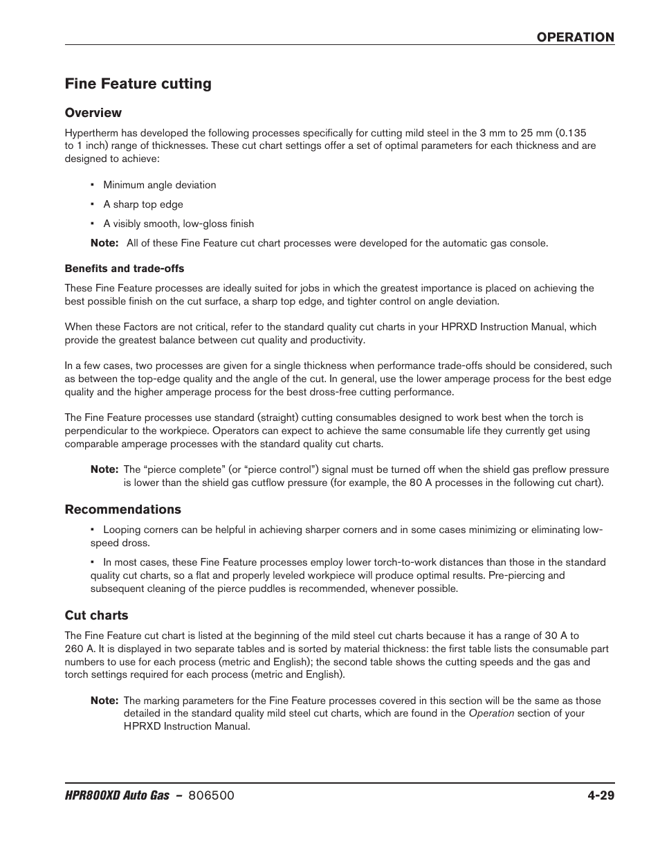 Fine feature cutting, Overview, Recommendations | Fine feature cutting -29, Overview -29 recommendations -29 | Hypertherm HPR800XD Auto Gas Rev.2 User Manual | Page 135 / 368