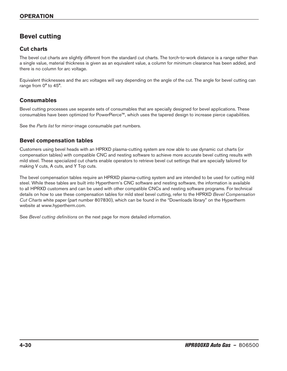 Bevel cutting, Consumables, Bevel compensation tables | Bevel cutting -30, Consumables -30 bevel compensation tables -30 | Hypertherm HPR800XD Auto Gas Rev.2 User Manual | Page 136 / 368