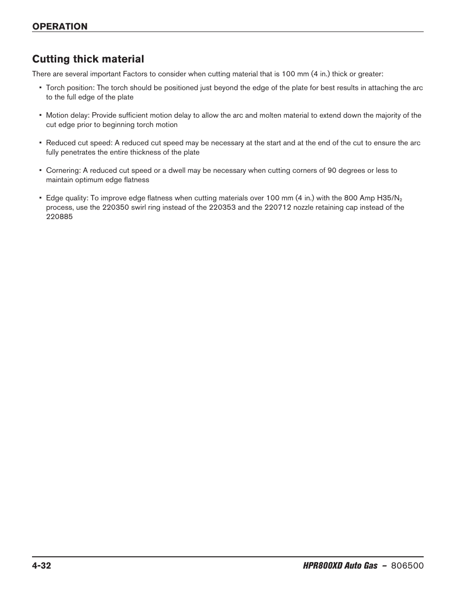 Cutting thick material, Cutting thick material -32 | Hypertherm HPR800XD Auto Gas Rev.2 User Manual | Page 138 / 368