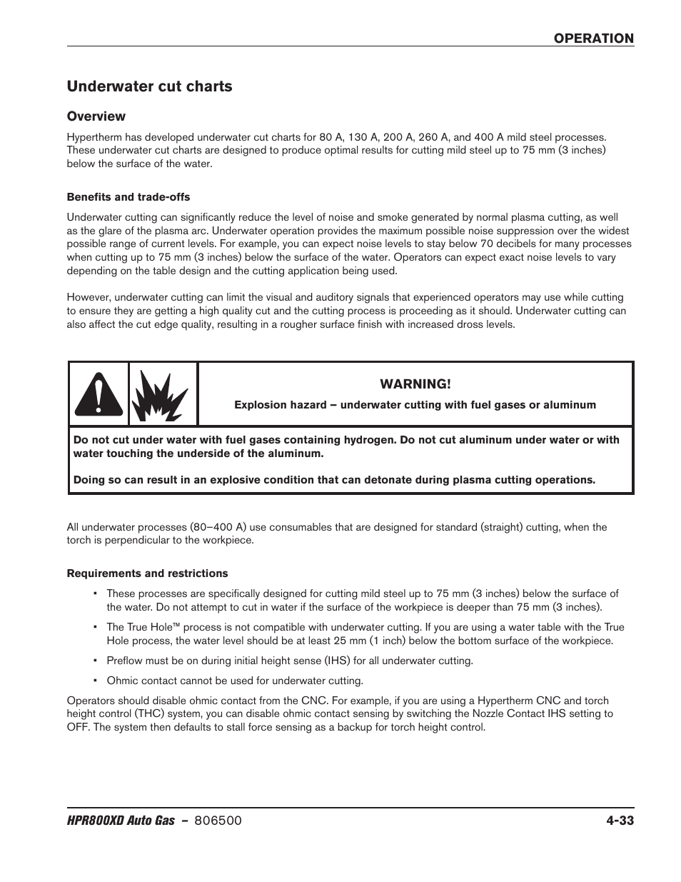 Underwater cut charts, Overview, Underwater cut charts -33 | Overview -33 | Hypertherm HPR800XD Auto Gas Rev.2 User Manual | Page 139 / 368