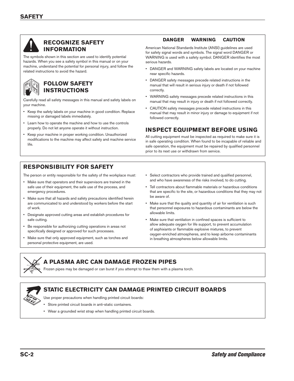 Recognize safety information, Follow safety instructions, Inspect equipment before using | Responsibility for safety, A plasma arc can damage frozen pipes | Hypertherm HPR800XD Auto Gas Rev.2 User Manual | Page 18 / 368