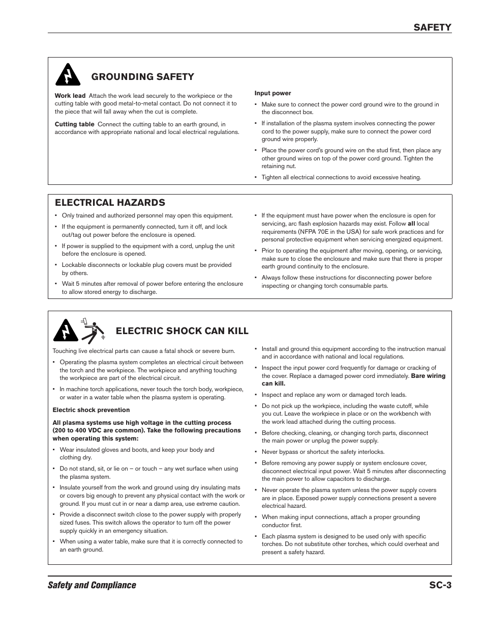 Grounding safety, Electrical hazards, Electric shock can kill | Safety and compliance sc-3 safety grounding safety | Hypertherm HPR800XD Auto Gas Rev.2 User Manual | Page 19 / 368