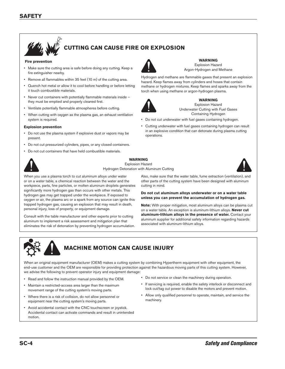 Cutting can cause fire or explosion, Machine motion can cause injury | Hypertherm HPR800XD Auto Gas Rev.2 User Manual | Page 20 / 368