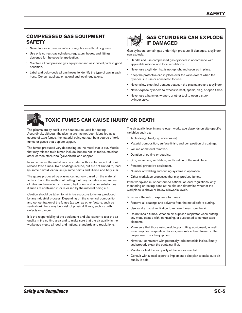 Compressed gas equipment safety, Gas cylinders can explode if damaged, Toxic fumes can cause injury or death | Hypertherm HPR800XD Auto Gas Rev.2 User Manual | Page 21 / 368