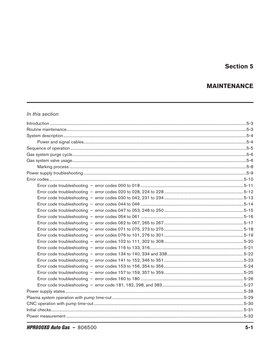 Section 5 - maintenance, Section 5, Maintenance -1 | Hypertherm HPR800XD Auto Gas Rev.2 User Manual | Page 215 / 368