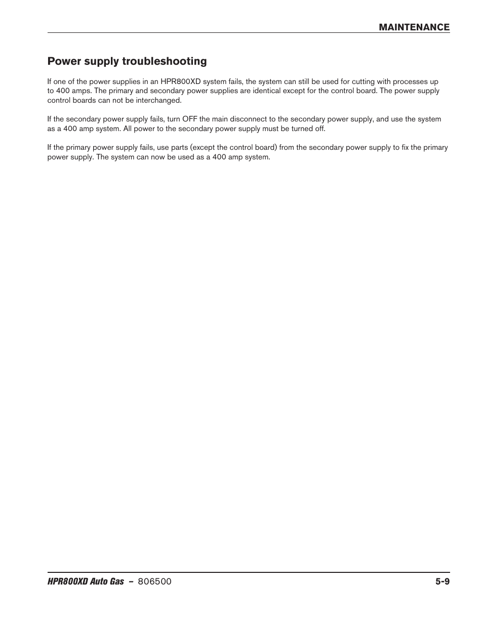 Power supply troubleshooting, Power supply troubleshooting -9 | Hypertherm HPR800XD Auto Gas Rev.2 User Manual | Page 223 / 368