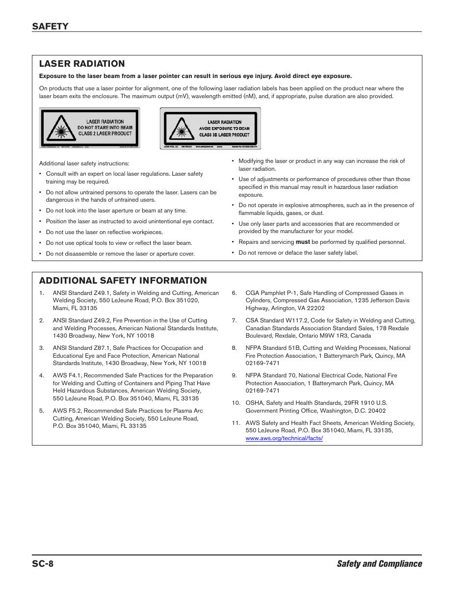 Laser radiation, Additional safety information, Sc-8 safety and compliance safety laser radiation | Hypertherm HPR800XD Auto Gas Rev.2 User Manual | Page 24 / 368