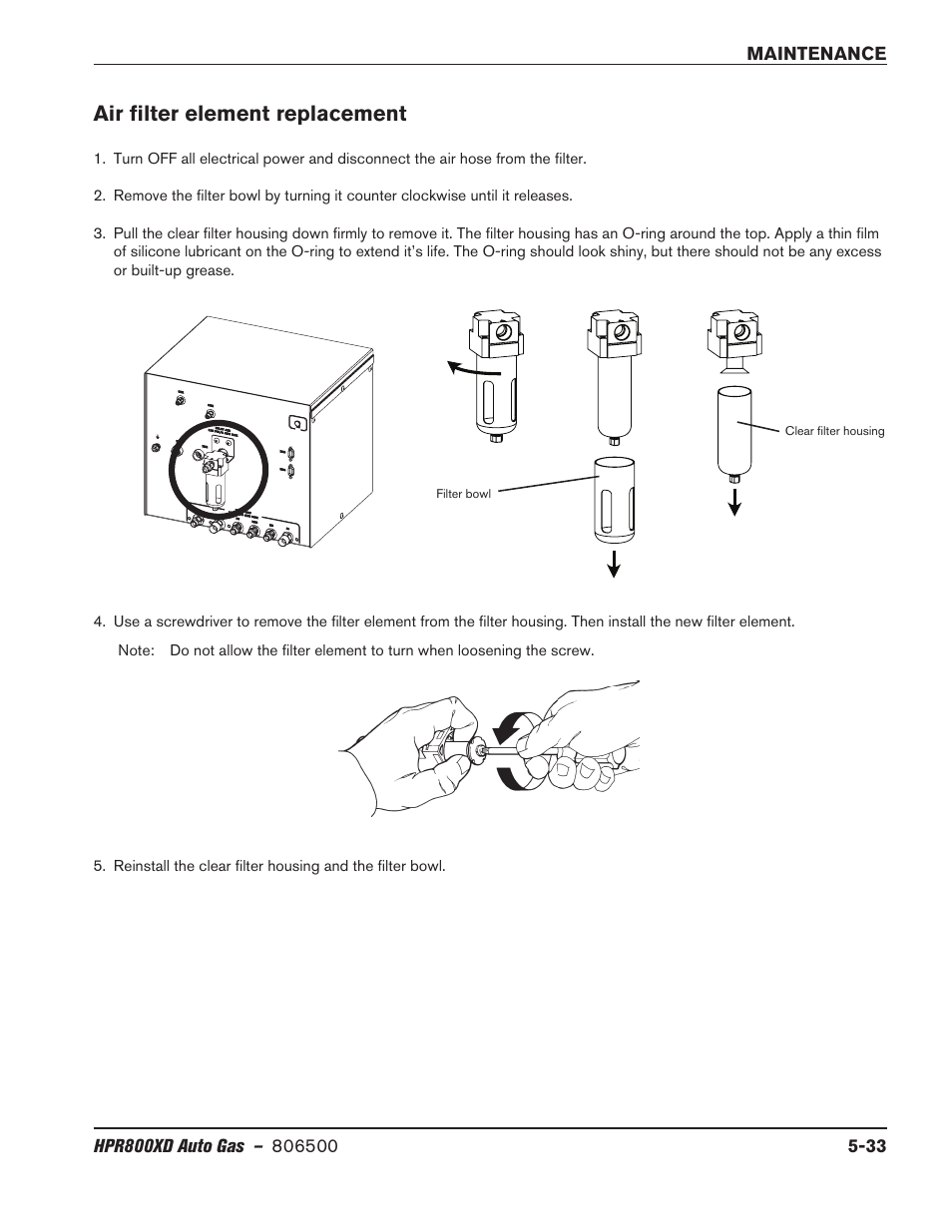 Air filter element replacement, Air filter element replacement -33 | Hypertherm HPR800XD Auto Gas Rev.2 User Manual | Page 247 / 368