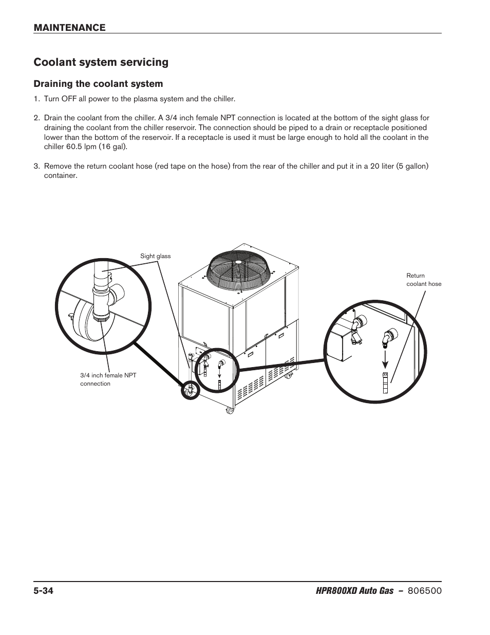 Coolant system servicing, Draining the coolant system, Coolant system servicing -34 | Draining the coolant system -34 | Hypertherm HPR800XD Auto Gas Rev.2 User Manual | Page 248 / 368