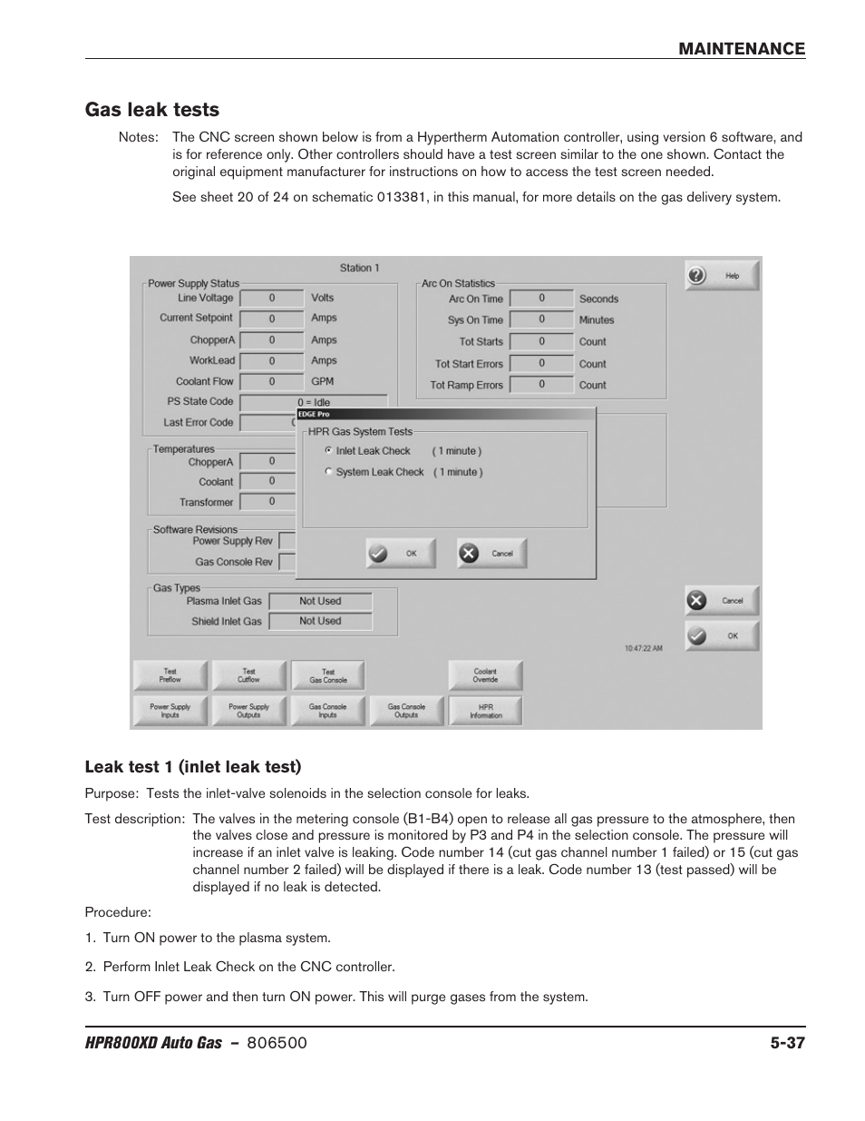 Gas leak tests, Leak test 1 (inlet leak test), Gas leak tests -37 | Leak test 1 (inlet leak test) -37 | Hypertherm HPR800XD Auto Gas Rev.2 User Manual | Page 251 / 368