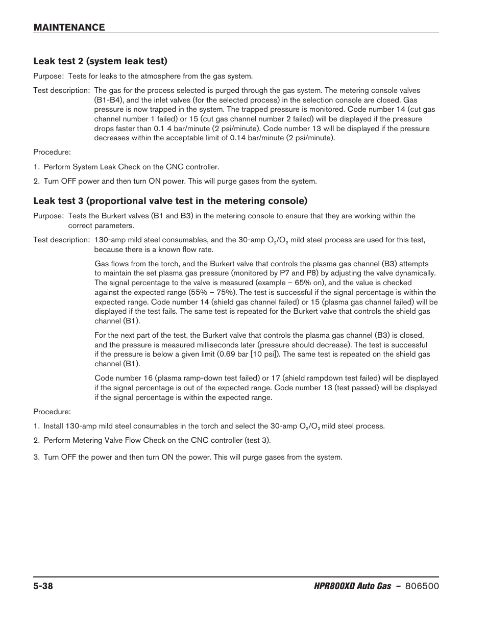 Leak test 2 (system leak test) | Hypertherm HPR800XD Auto Gas Rev.2 User Manual | Page 252 / 368