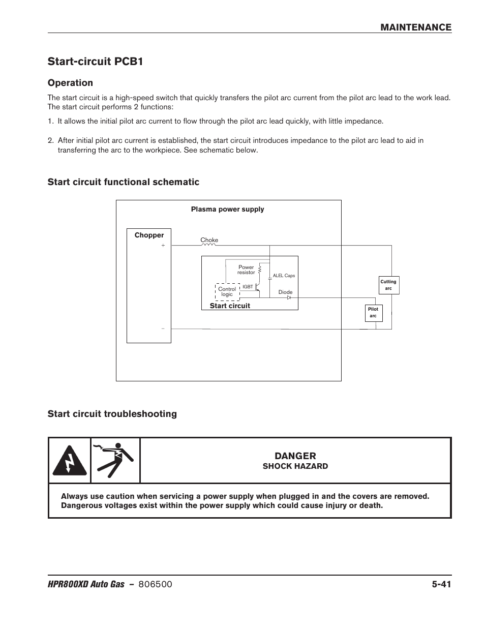 Start-circuit pcb1, Operation, Start circuit functional schematic | Start circuit troubleshooting, Start-circuit pcb1 -41, Danger | Hypertherm HPR800XD Auto Gas Rev.2 User Manual | Page 255 / 368