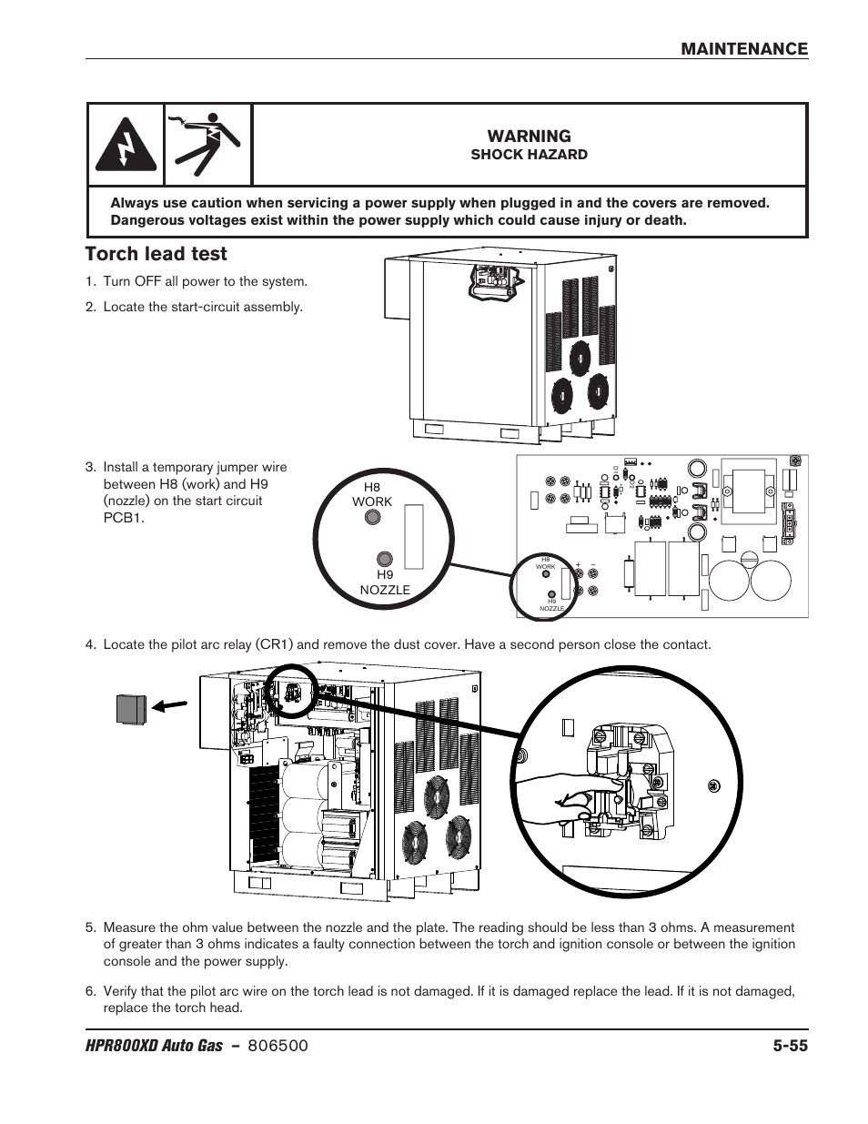 Torch lead test, Torch lead test -55, Warning | Hypertherm HPR800XD Auto Gas Rev.2 User Manual | Page 269 / 368