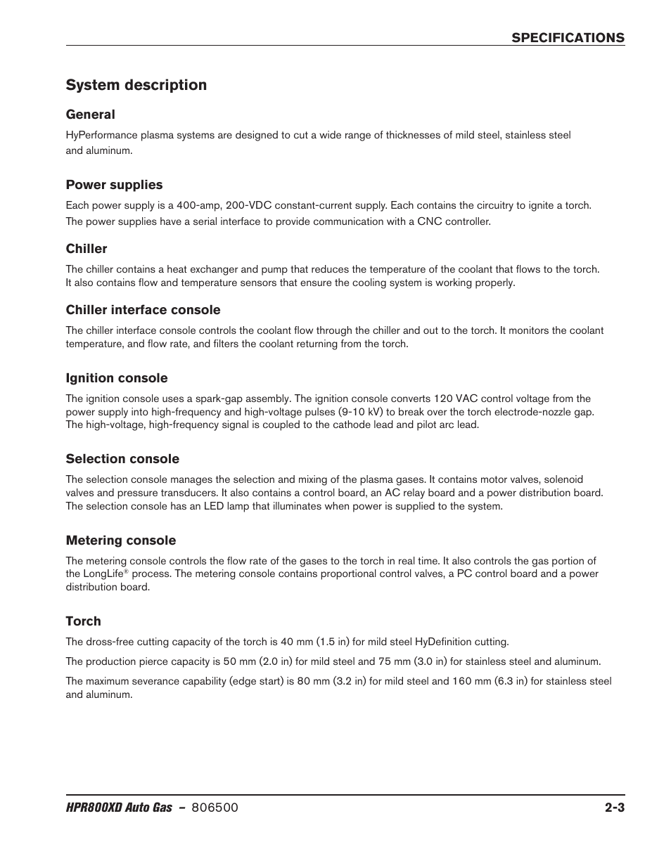 System description, General, Power supplies | Chiller, Chiller interface console, Ignition console, Selection console, Metering console, Torch, System description -3 | Hypertherm HPR800XD Auto Gas Rev.2 User Manual | Page 27 / 368