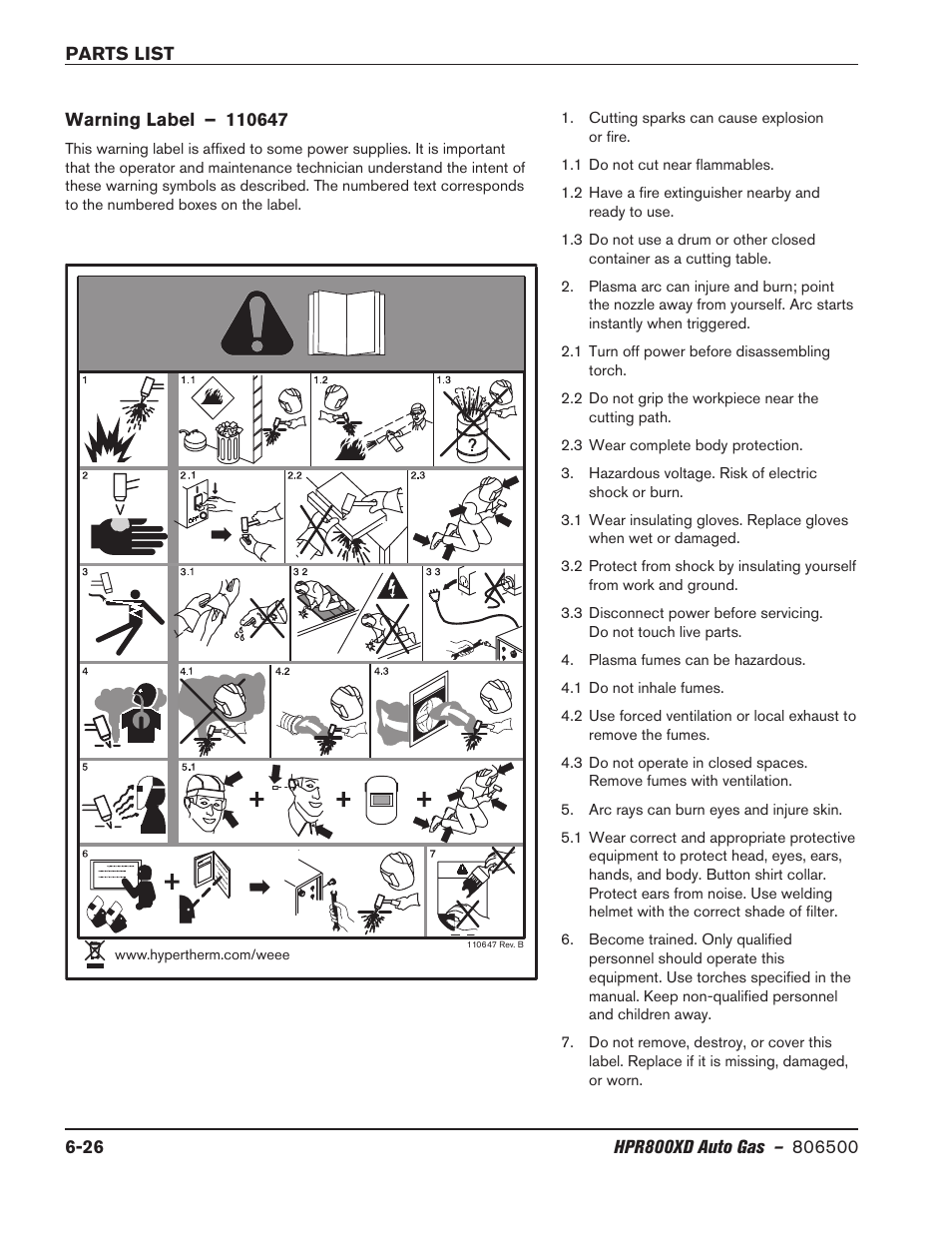 Warning label – 110647, Warning label – 110647 -26 | Hypertherm HPR800XD Auto Gas Rev.2 User Manual | Page 296 / 368