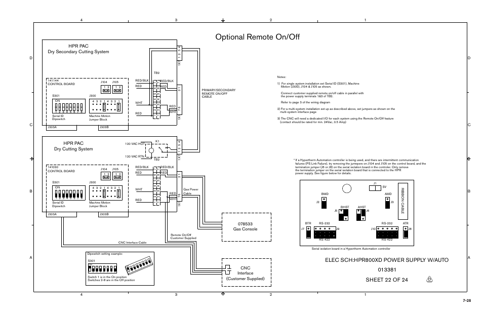 Optional remote on/off, Elec sch:hpr800xd power supply w/auto, Hpr pac dry cutting system | Hpr pac dry secondary cutting system, Interface cnc (customer supplied) | Hypertherm HPR800XD Auto Gas Rev.2 User Manual | Page 324 / 368