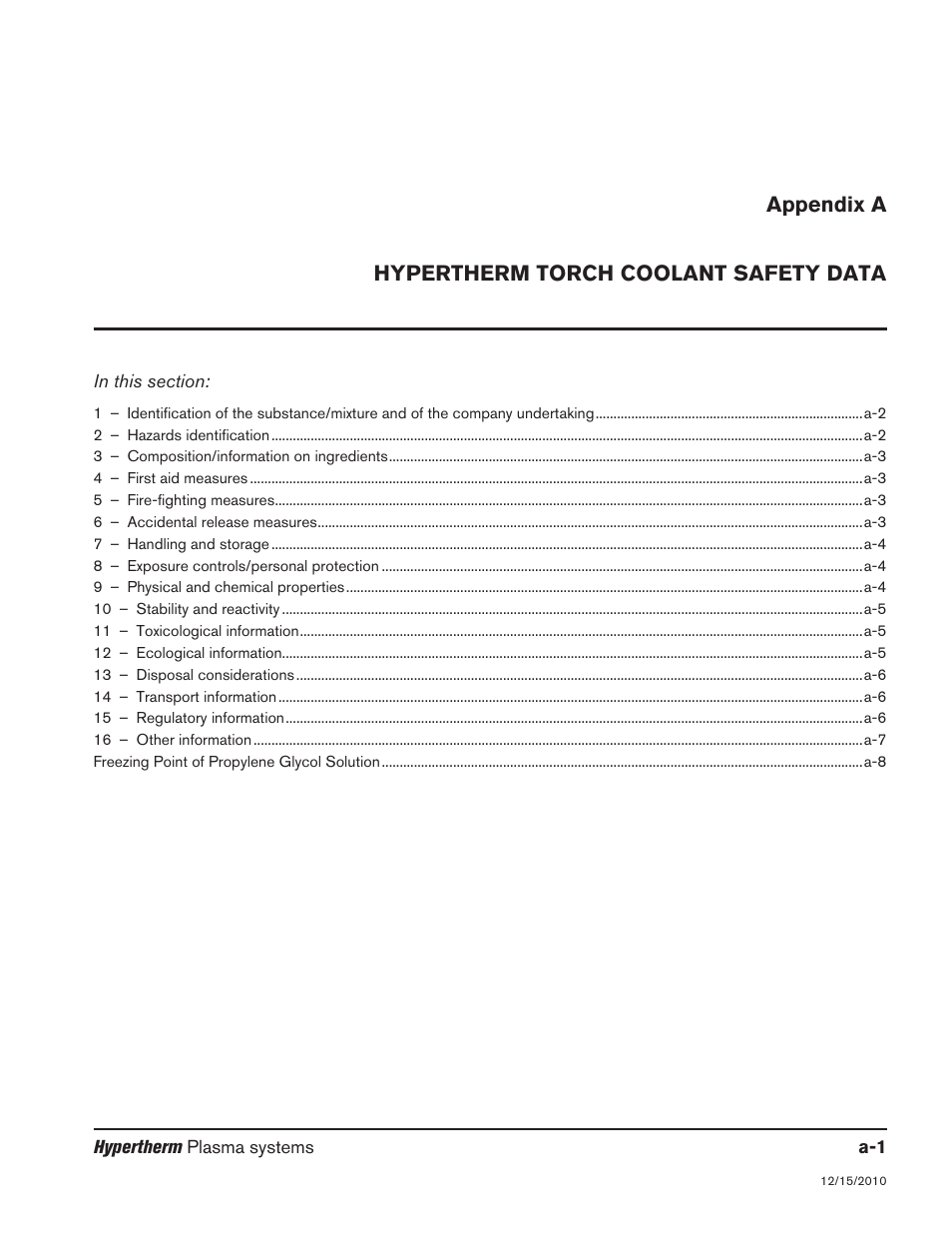 Appendix a - hypertherm torch coolant safety data, Appendix a, Appendix a hypertherm torch coolant safety data | Hypertherm HPR800XD Auto Gas Rev.2 User Manual | Page 327 / 368