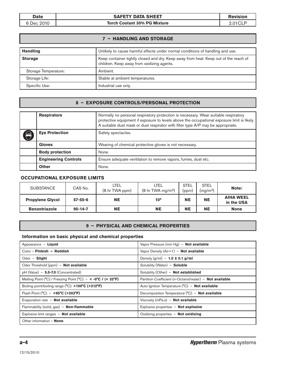 7 – handling and storage, 8 – exposure controls/personal protection, 9 – physical and chemical properties | Hypertherm plasma systems | Hypertherm HPR800XD Auto Gas Rev.2 User Manual | Page 330 / 368