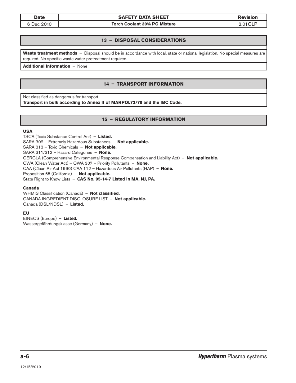 13 – disposal considerations, 14 – transport information, 15 – regulatory information | Hypertherm plasma systems | Hypertherm HPR800XD Auto Gas Rev.2 User Manual | Page 332 / 368