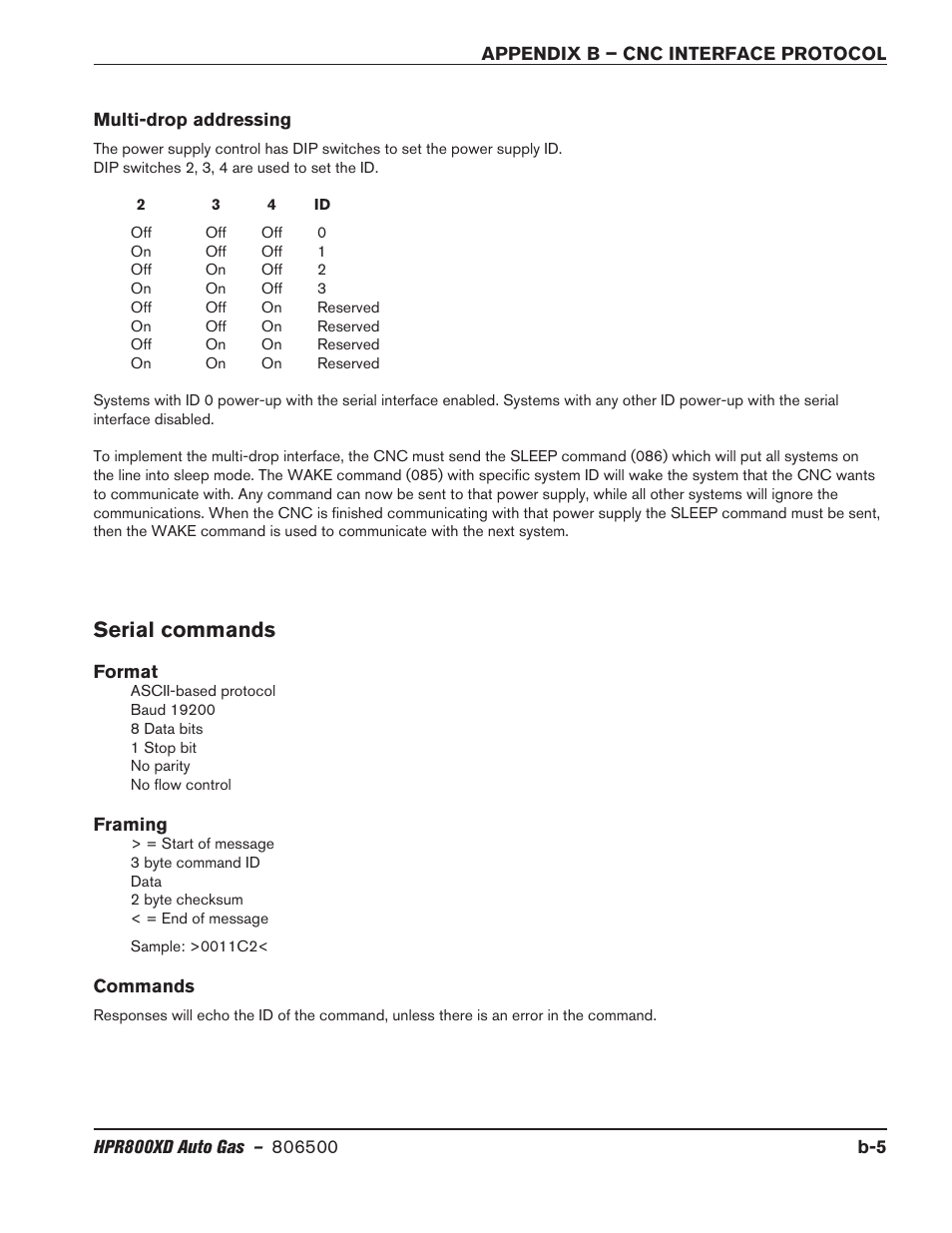 Multi-drop addressing, Serial commands, Format | Framing, Commands | Hypertherm HPR800XD Auto Gas Rev.2 User Manual | Page 339 / 368