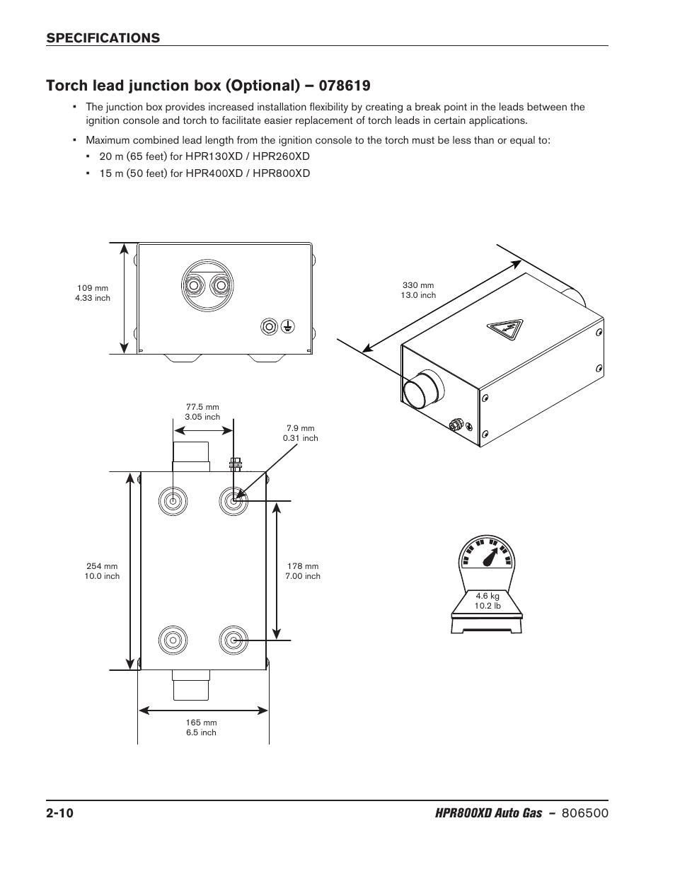 Torch lead junction box (optional) – 078619, Torch lead junction box (optional) – 078619 -10 | Hypertherm HPR800XD Auto Gas Rev.2 User Manual | Page 34 / 368