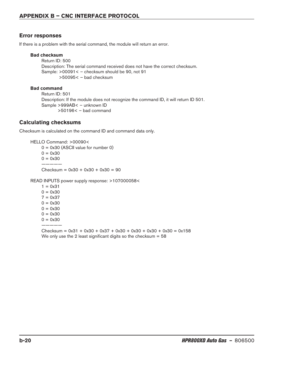 Error responses, Calculating checksums | Hypertherm HPR800XD Auto Gas Rev.2 User Manual | Page 354 / 368