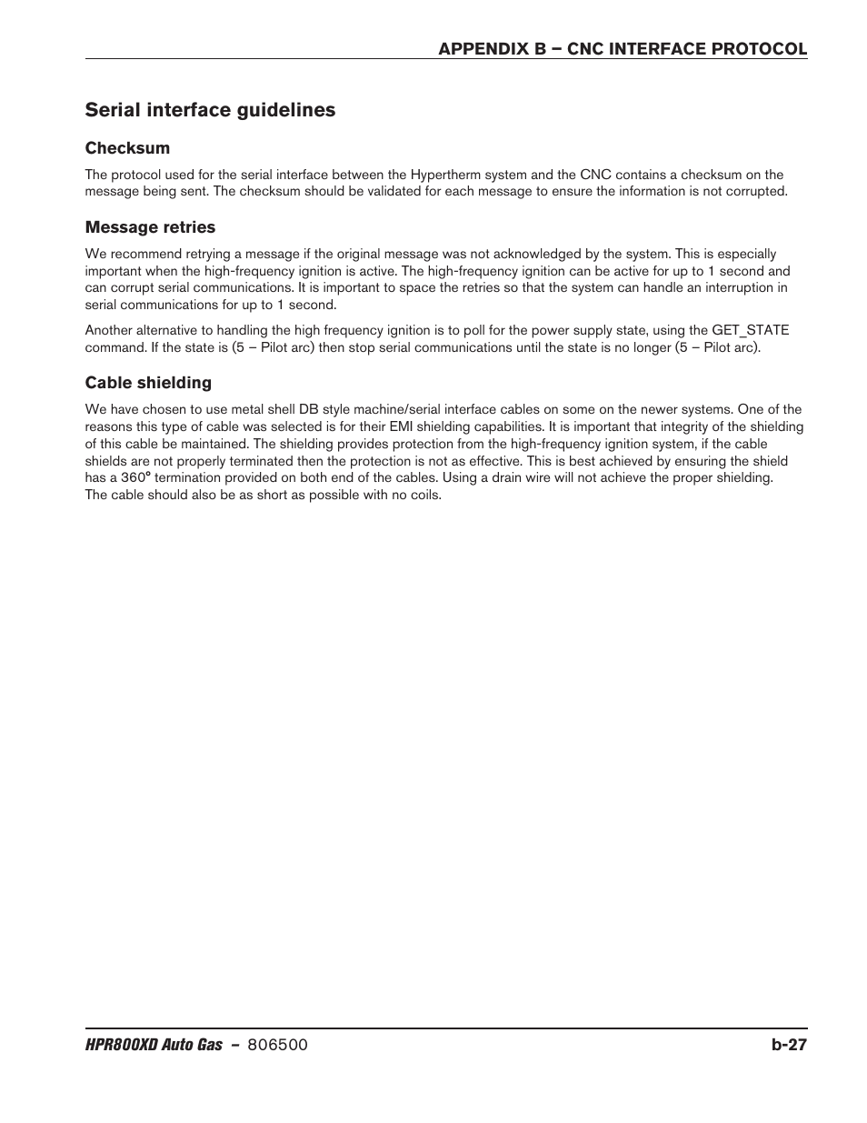 Serial interface guidelines, Checksum, Message retries | Cable shielding | Hypertherm HPR800XD Auto Gas Rev.2 User Manual | Page 361 / 368