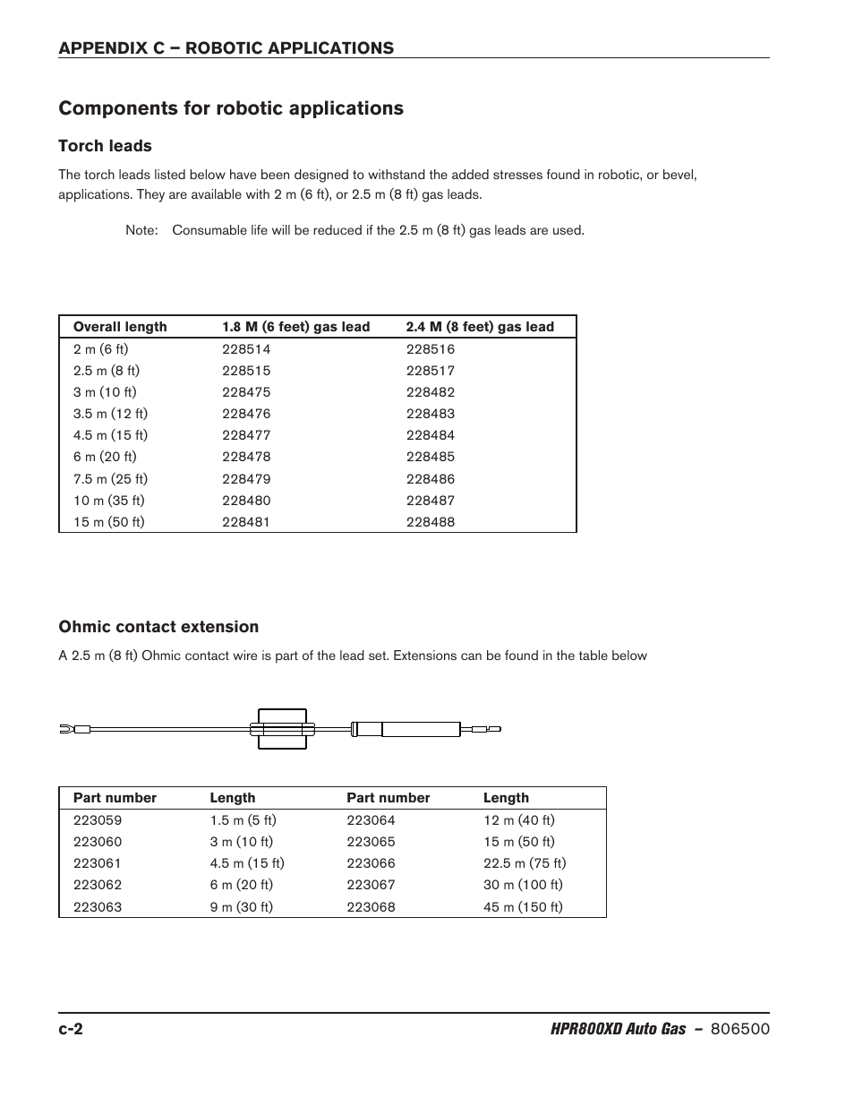 Components for robotic applications, Torch leads, Ohmic contact extension | Hypertherm HPR800XD Auto Gas Rev.2 User Manual | Page 364 / 368