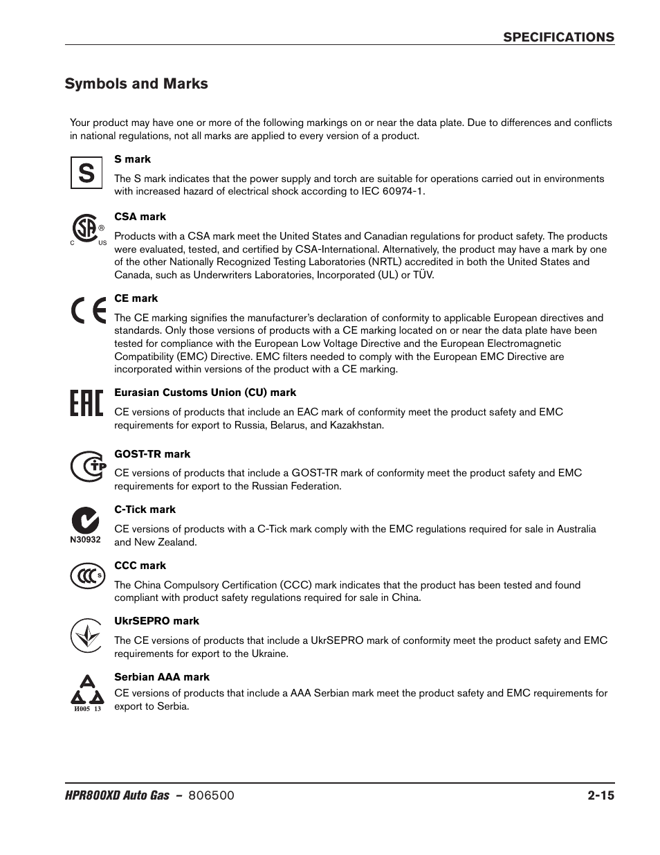 Symbols and marks, Symbols and marks -15 | Hypertherm HPR800XD Auto Gas Rev.2 User Manual | Page 39 / 368