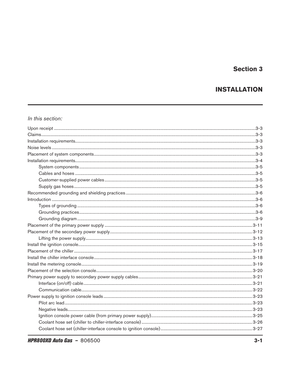 Section 3 - installation, Section 3, Installation -1 | Hypertherm HPR800XD Auto Gas Rev.2 User Manual | Page 41 / 368
