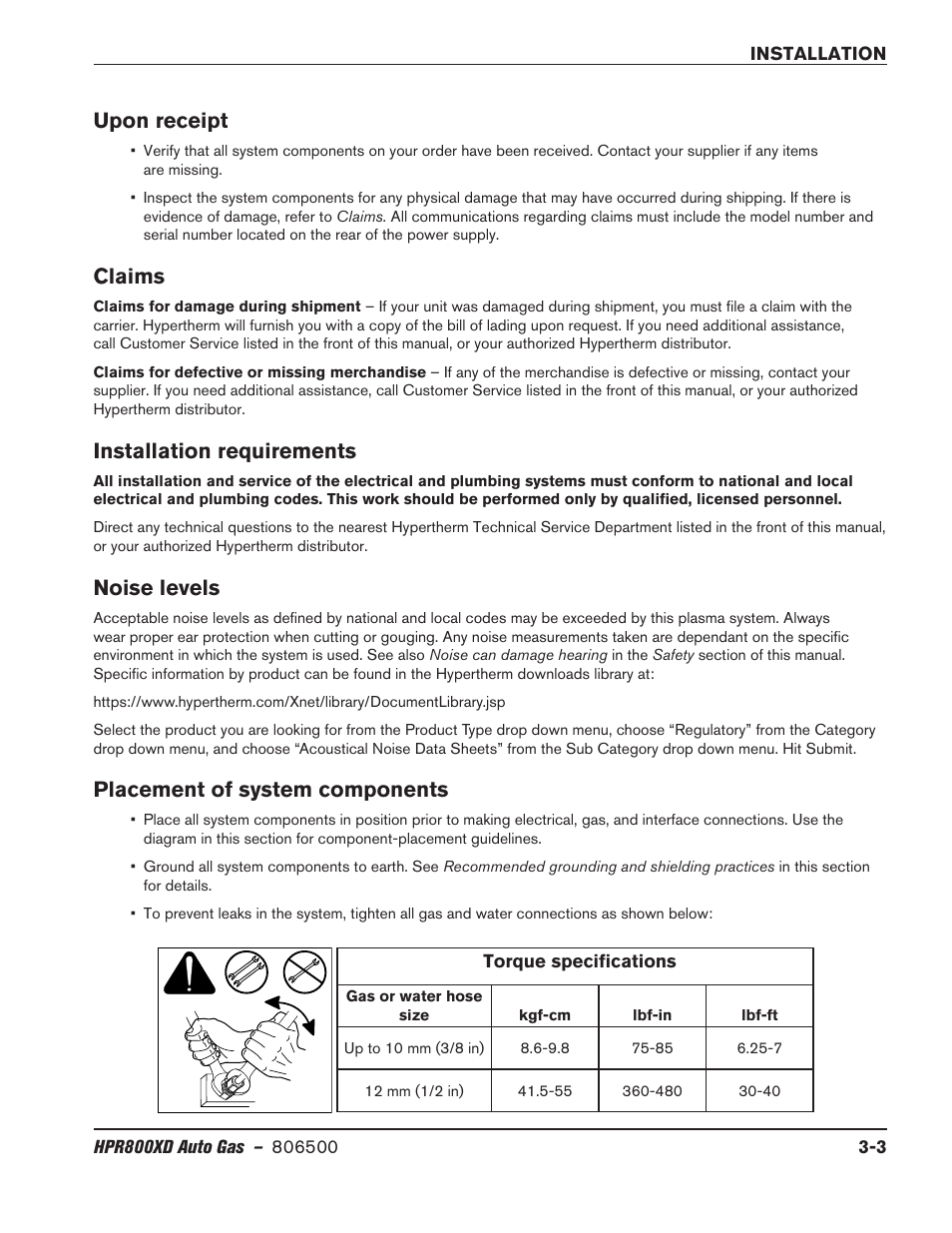 Upon receipt, Claims, Installation requirements | Noise levels, Placement of system components | Hypertherm HPR800XD Auto Gas Rev.2 User Manual | Page 43 / 368