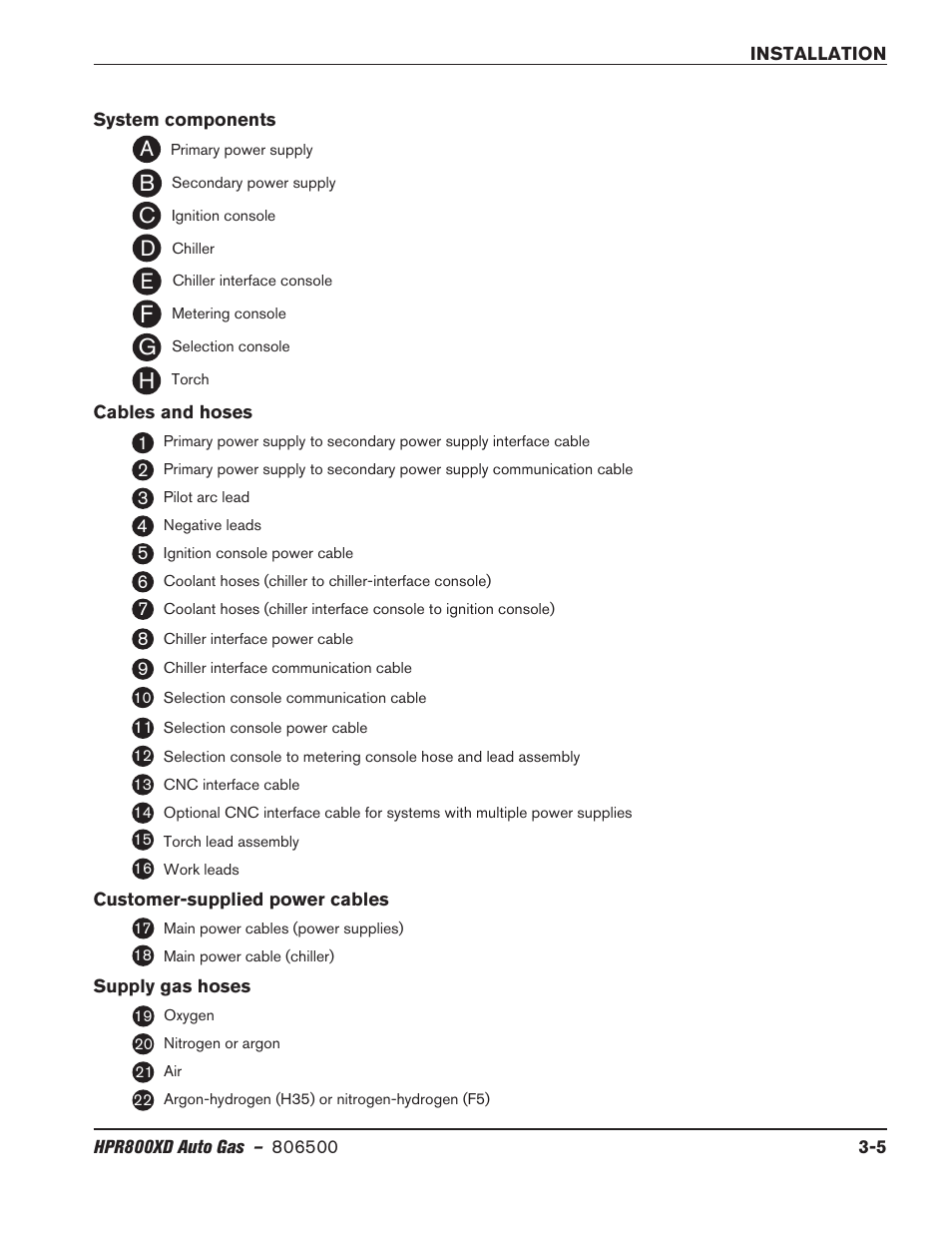 System components, Cables and hoses, Customer-supplied power cables | Supply gas hoses, Cd e | Hypertherm HPR800XD Auto Gas Rev.2 User Manual | Page 45 / 368