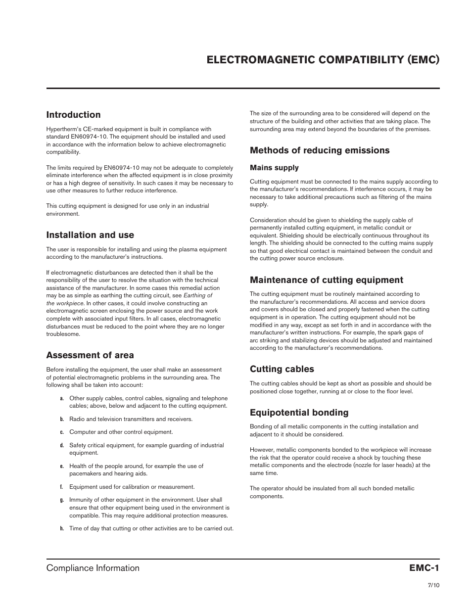 Electromagnetic compatibility (emc), Introduction, Installation and use | Assessment of area, Methods of reducing emissions, Maintenance of cutting equipment, Cutting cables, Equipotential bonding, Compliance information emc-1, Safety and compliance sc-1 | Hypertherm HPR800XD Auto Gas Rev.2 User Manual | Page 5 / 368