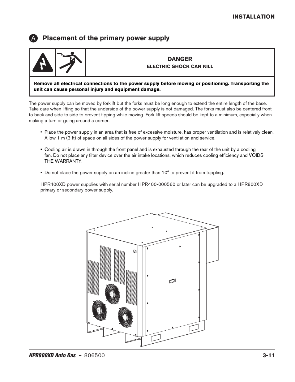 Placement of the primary power supply, Placement of the primary power supply -11, Placement of the primary power supply a | Hypertherm HPR800XD Auto Gas Rev.2 User Manual | Page 51 / 368