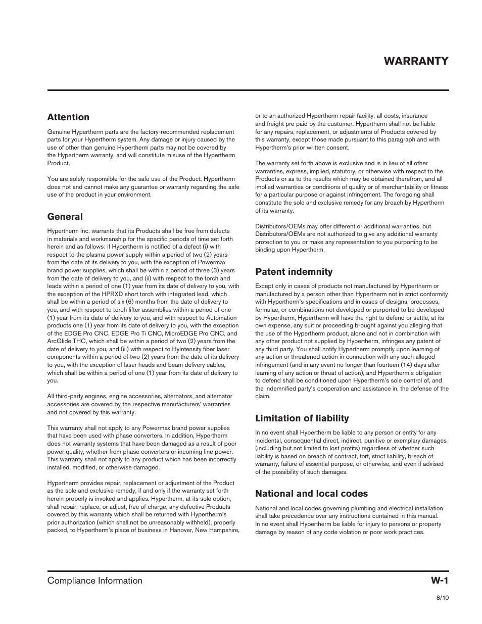 Warranty, Attention, General | Patent indemnity, Limitation of liability, National and local codes, Compliance information w-1, Safety and compliance sc-3 | Hypertherm HPR800XD Auto Gas Rev.2 User Manual | Page 7 / 368