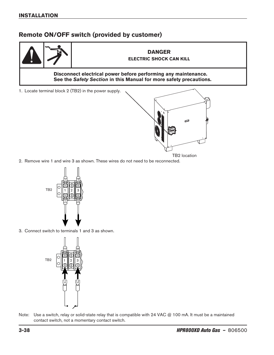 Remote on/off switch (provided by customer), Remote on/off switch (provided by customer) -38, Danger | Hypertherm HPR800XD Auto Gas Rev.2 User Manual | Page 78 / 368