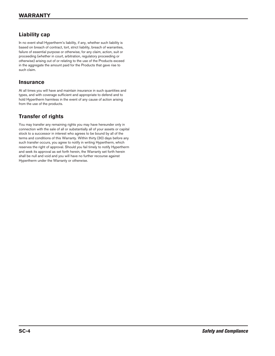 Warranty liability cap, Insurance, Transfer of rights | Sc-4 safety and compliance | Hypertherm HPR800XD Auto Gas Rev.2 User Manual | Page 8 / 368