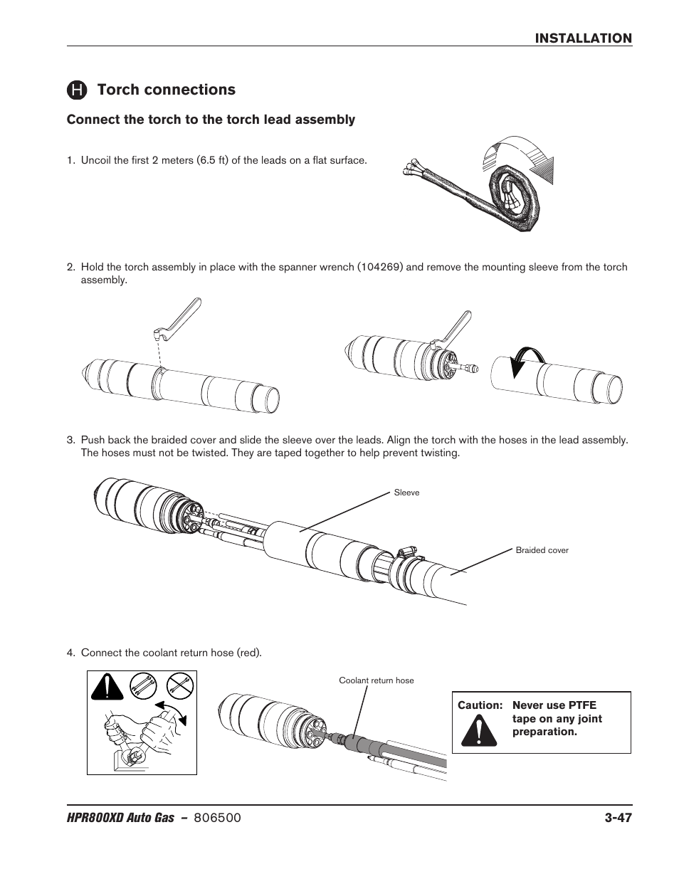 Torch connections, Connect the torch to the torch lead assembly, Torch connections -47 | Connect the torch to the torch lead assembly -47 | Hypertherm HPR800XD Auto Gas Rev.2 User Manual | Page 87 / 368