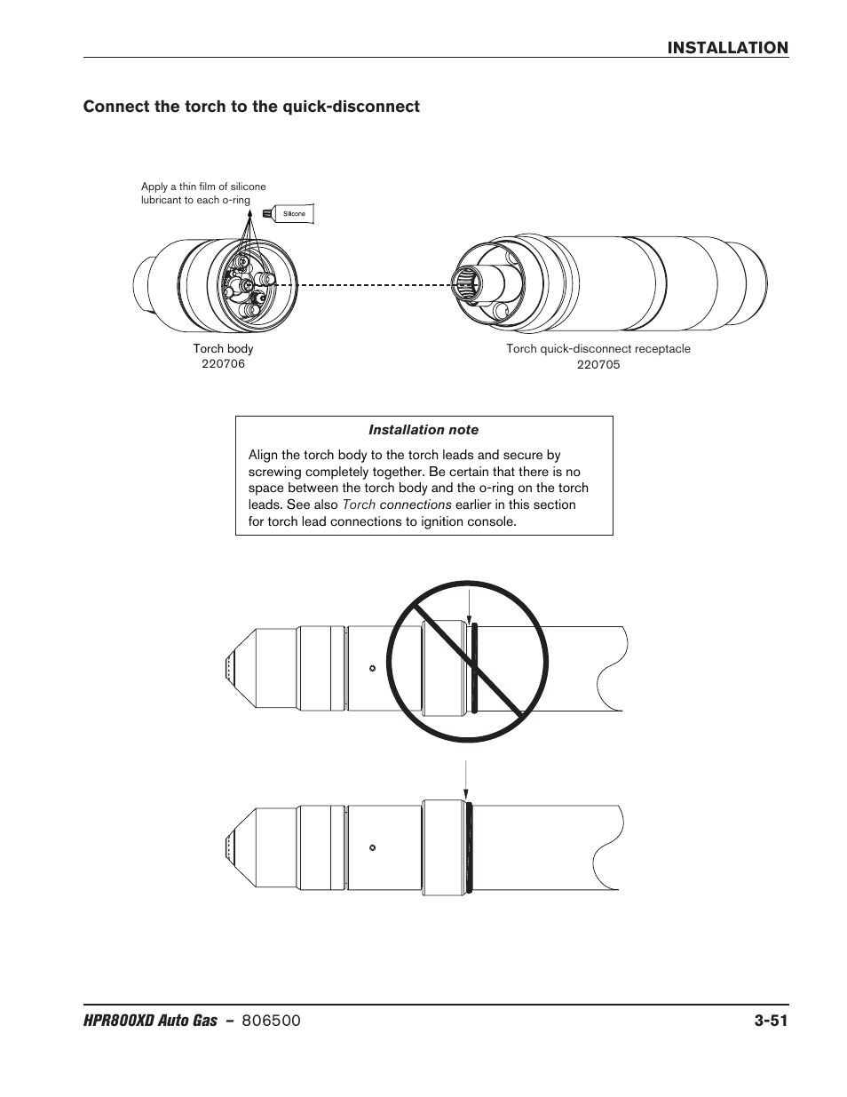 Connect the torch to the quick-disconnect, Connect the torch to the quick-disconnect -51 | Hypertherm HPR800XD Auto Gas Rev.2 User Manual | Page 91 / 368