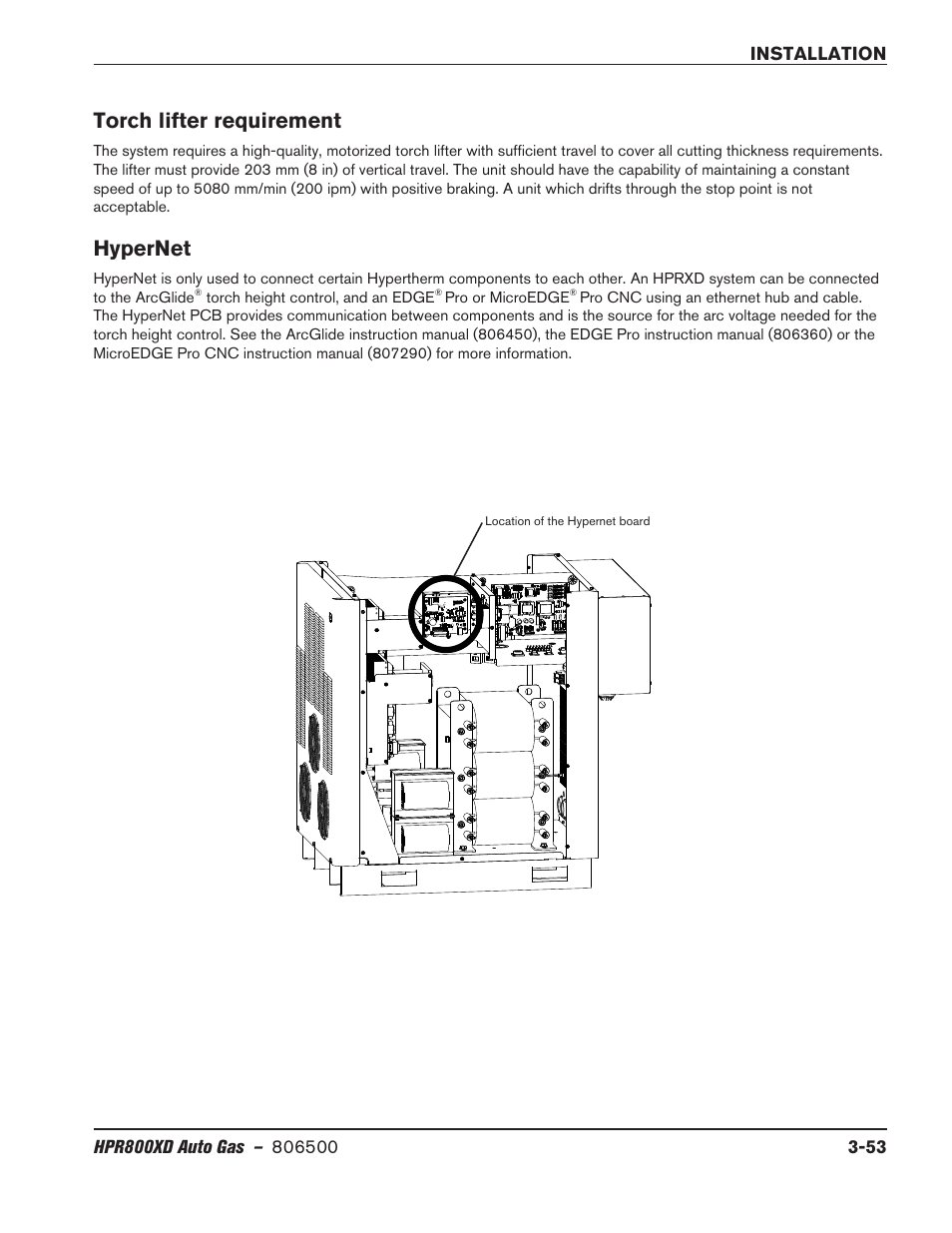 Torch lifter requirement, Hypernet, Torch lifter requirement -53 hypernet -53 | Hypertherm HPR800XD Auto Gas Rev.2 User Manual | Page 93 / 368