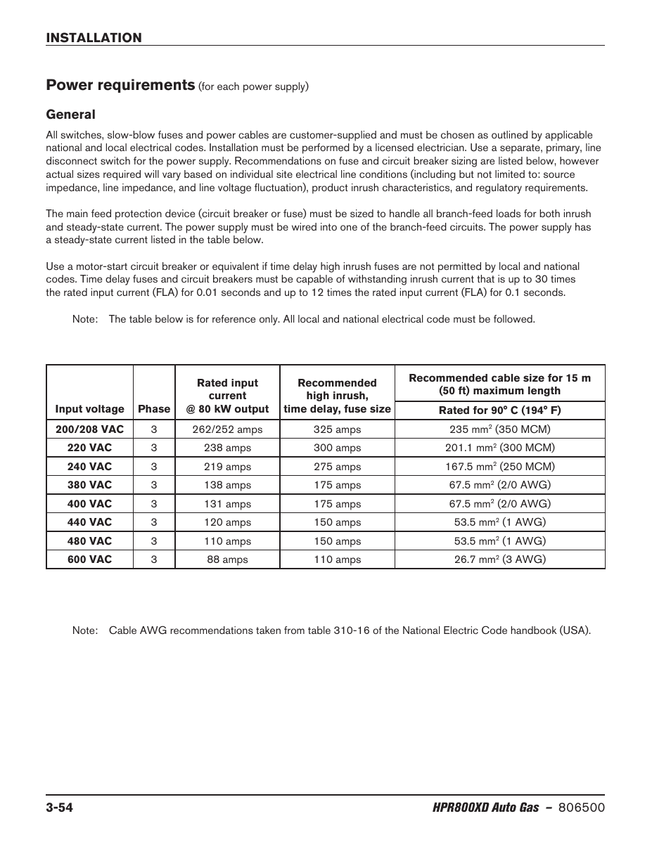 Power requirements (for each power supply), General, Power requirements (for each power supply) -54 | General -54, Power requirements | Hypertherm HPR800XD Auto Gas Rev.2 User Manual | Page 94 / 368