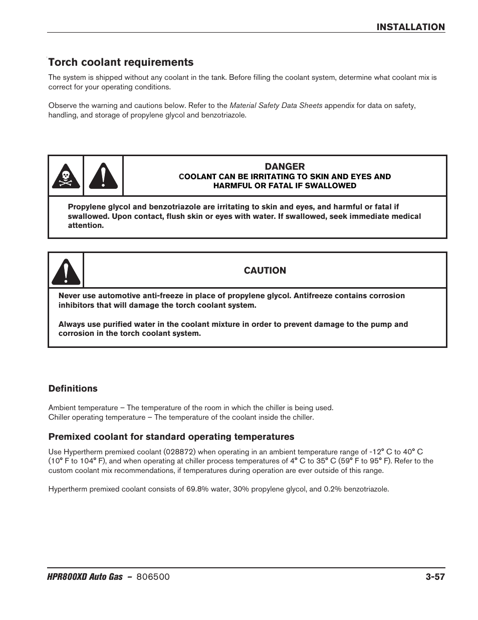 Torch coolant requirements, Torch coolant requirements -57 | Hypertherm HPR800XD Auto Gas Rev.2 User Manual | Page 97 / 368