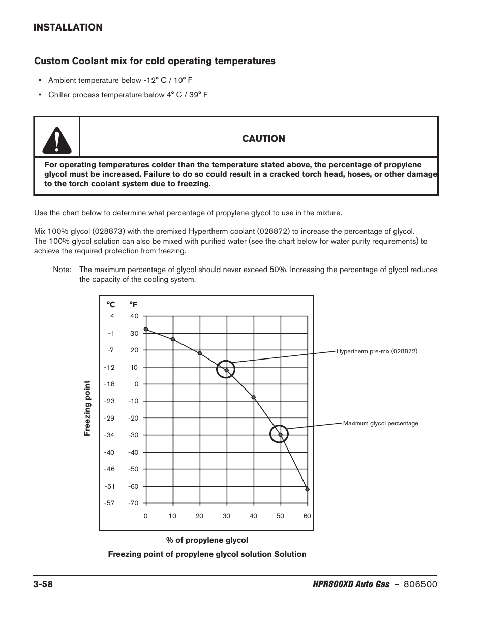 Custom coolant mix for cold operating temperatures, Caution | Hypertherm HPR800XD Auto Gas Rev.2 User Manual | Page 98 / 368