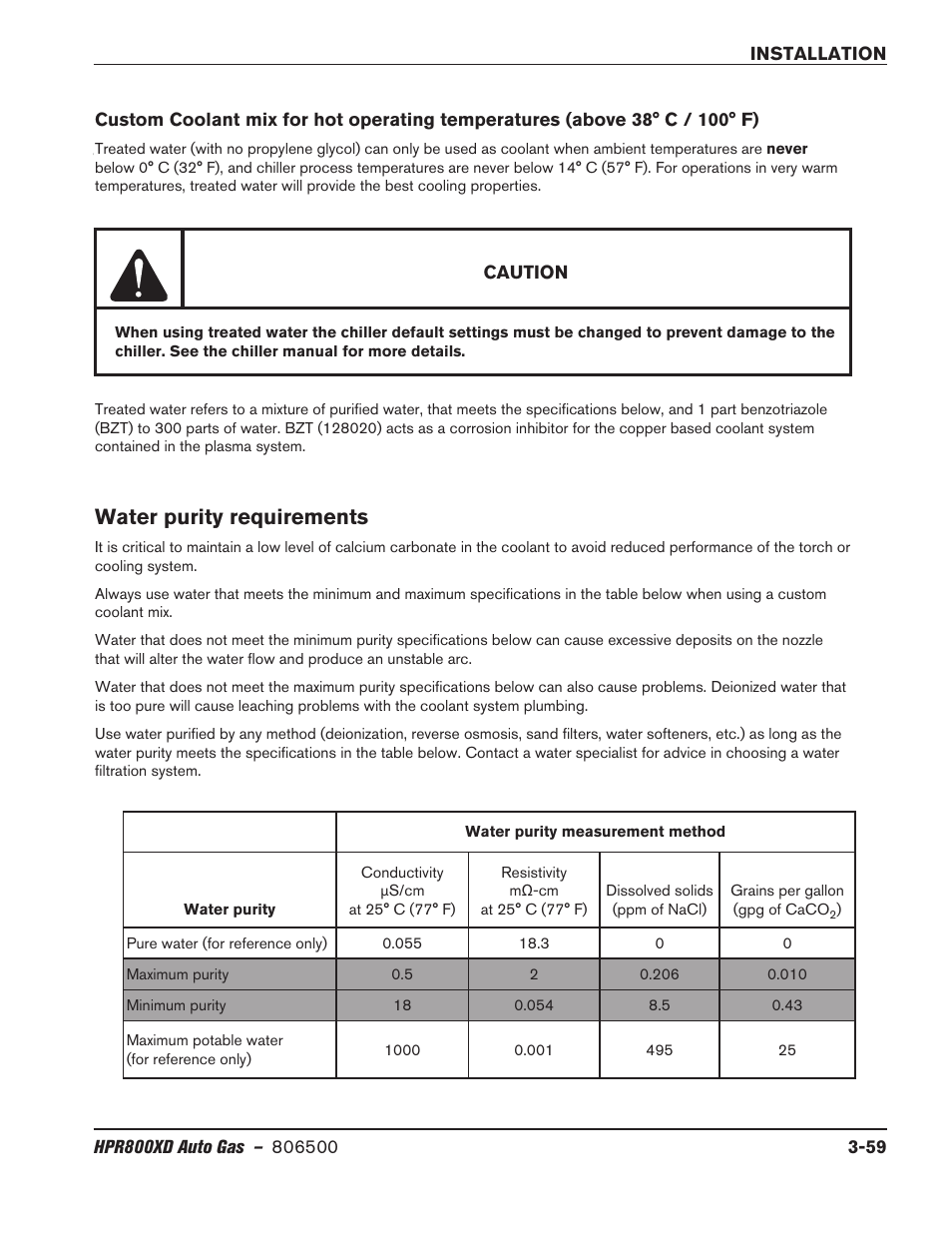 Custom coolant mix for hot operating temperatures, Water purity requirements, Water purity requirements -59 | Hypertherm HPR800XD Auto Gas Rev.2 User Manual | Page 99 / 368