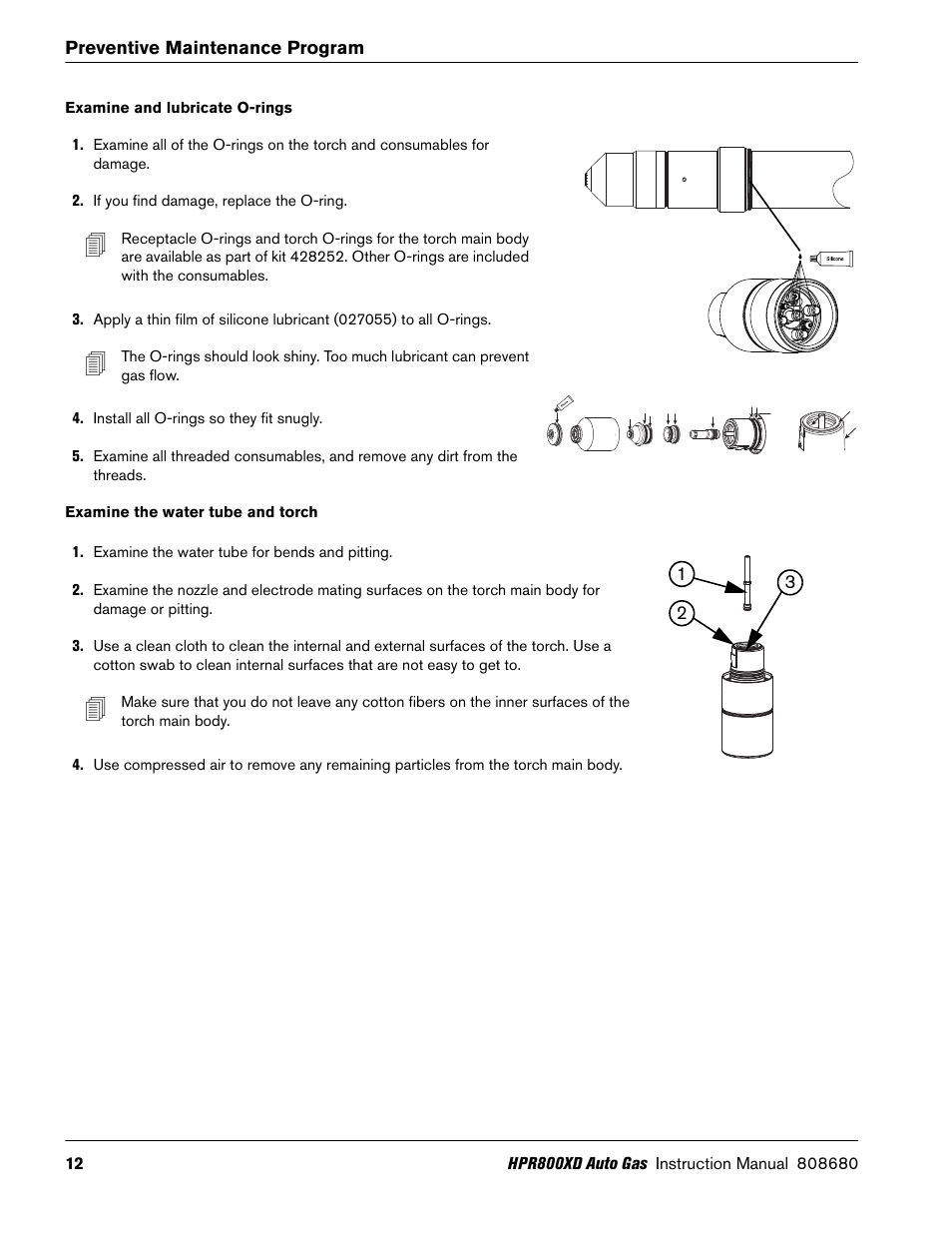 Examine and lubricate o-rings, Examine the water tube and torch | Hypertherm HPR800XD Auto Gas Preventive Maintenance Program Rev.1 User Manual | Page 12 / 33