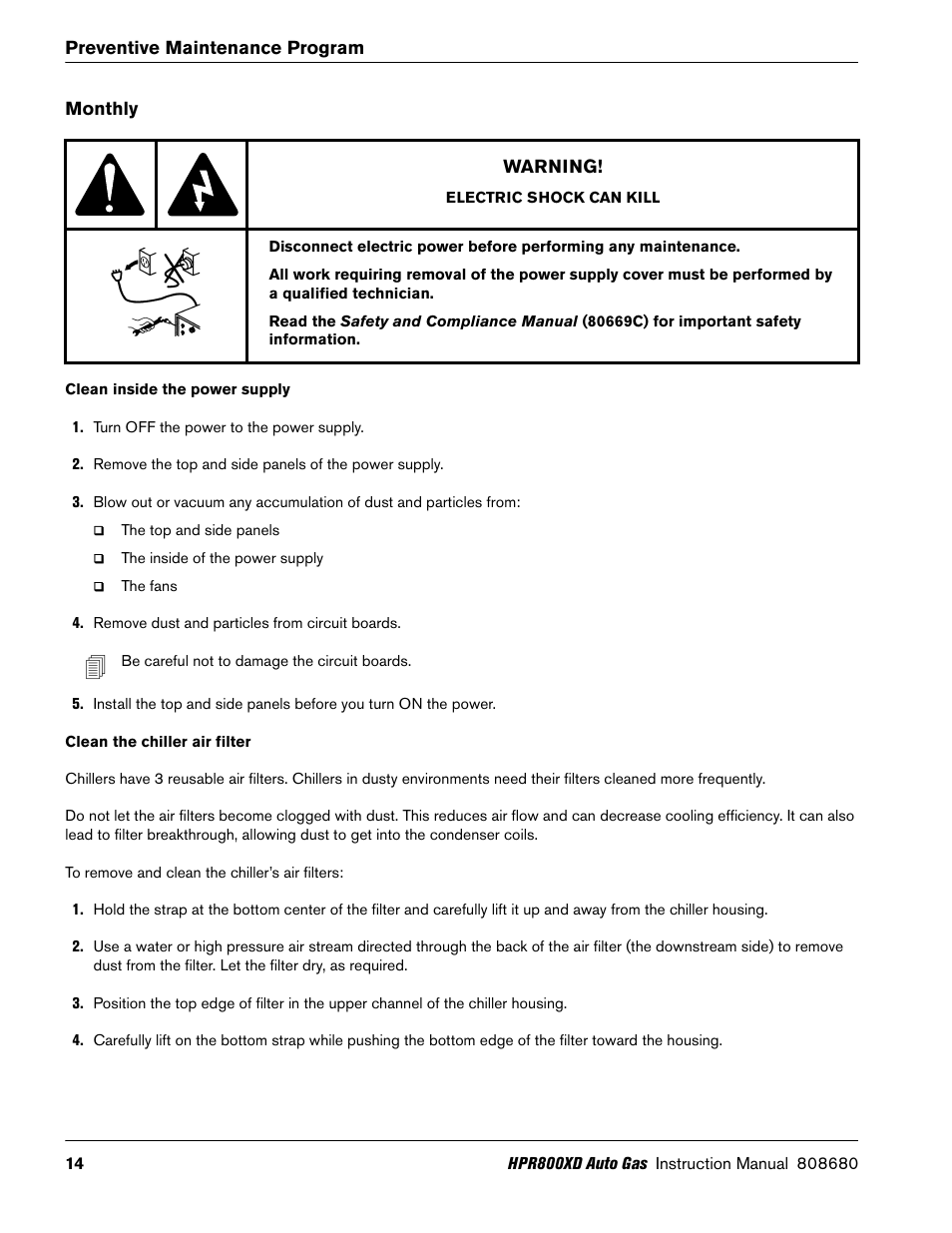 Monthly, Clean inside the power supply, Clean the chiller air filter | Hypertherm HPR800XD Auto Gas Preventive Maintenance Program Rev.1 User Manual | Page 14 / 33