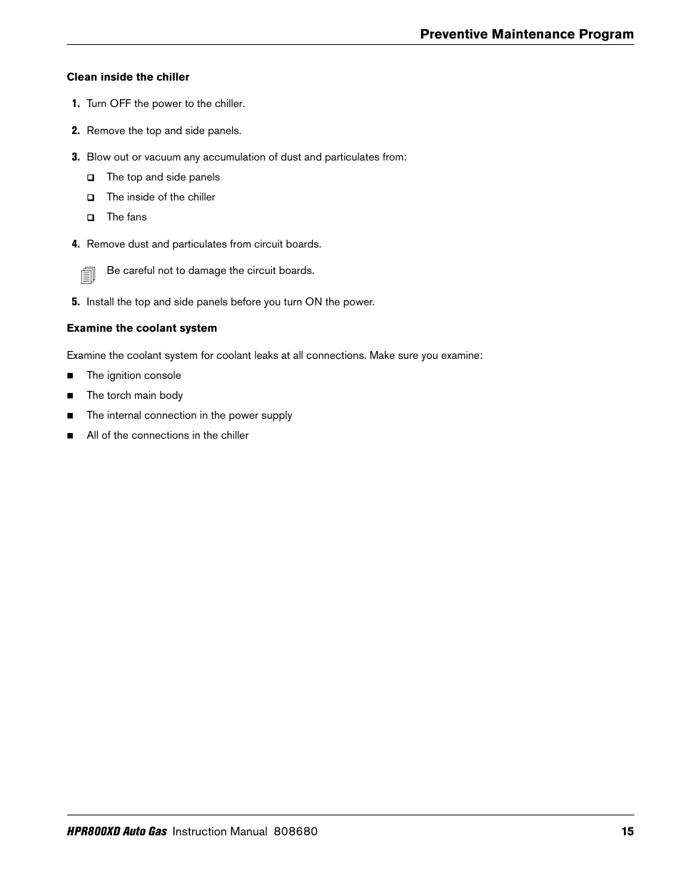 Clean inside the chiller, Examine the coolant system | Hypertherm HPR800XD Auto Gas Preventive Maintenance Program Rev.1 User Manual | Page 15 / 33
